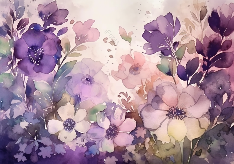 紫色花卉植物叶子水彩卡通背景,插画/手绘图,插画/手绘图库,插画/手绘图下载,插画/手绘